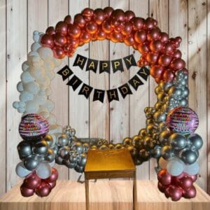 Rai Enterprises Collection™ Happy Birthday Black Paper Banner with Rose Gold and White Balloons & Silver Metallic Balloon Arch Strip