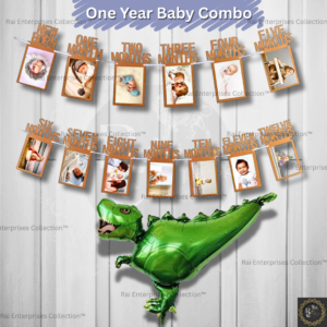 Rai Enterprises Collection™ 12 Month Baby Photo Banner with Green Dinosaur Foil Balloon – Birthday Party Decoration Combo